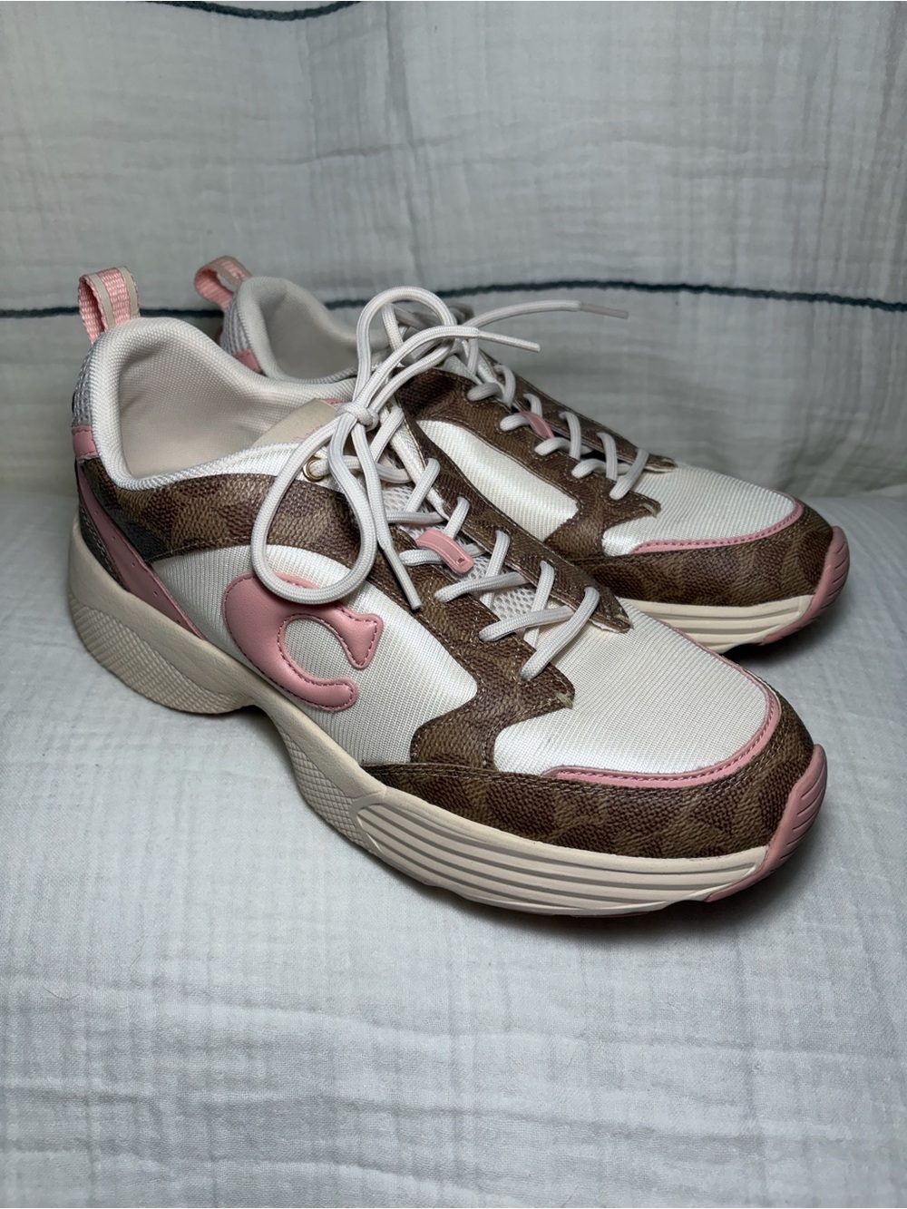 Coach Strider Sneaker in Signature Canvas Brown and Pink 9.5B